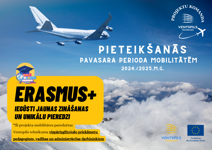 Ventspils tehnikuma darbinieku pieteikšanās Erasmus+ pavasara perioda kursiem